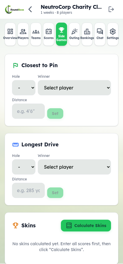 Side Games tab in outing management