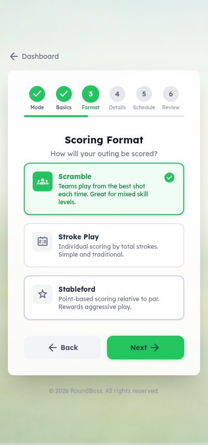 Outing scoring format picker in the setup wizard